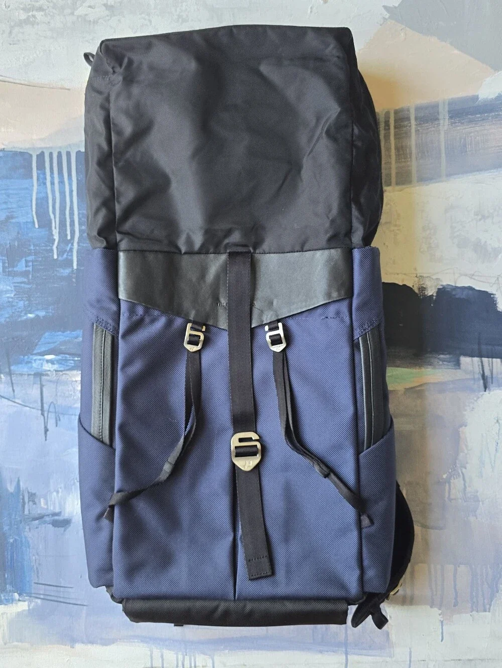 The Frenchie Co Anti-Theft Speed Roll Top Backpack Navy Blue Black Leather bags